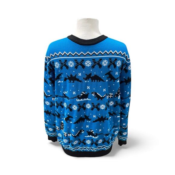 Excision Christmas Sweater Blue Pixelated Pattern Dinosaurs Men’s Size Large EUC - Picture 1 of 10